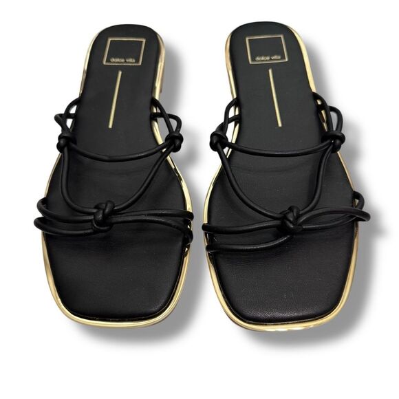 Dolce Vita Flat Sandals Strappy Knotted Square Toe Black and Gold Size 9.5 - Picture 1 of 8